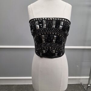 Ramy Brook Black Strapless Top with Silver Geometric Embellishments